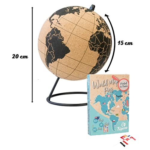 Tripvea® Globo terráqueo con Corcho + 342 Banderas de países del Mundo - Pegatinas de Banderas con chinchetas por la educación y organización de Viajes - Globo 20 cm