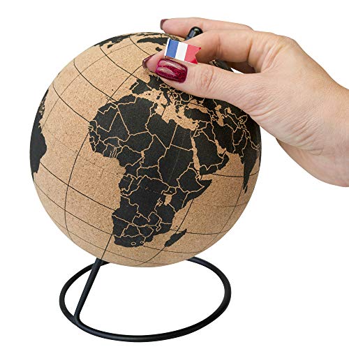 Tripvea® Globo terráqueo con Corcho + 342 Banderas de países del Mundo - Pegatinas de Banderas con chinchetas por la educación y organización de Viajes - Globo 20 cm