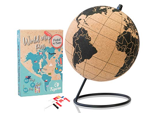 Tripvea® Globo terráqueo con Corcho + 342 Banderas de países del Mundo - Pegatinas de Banderas con chinchetas por la educación y organización de Viajes - Globo 20 cm