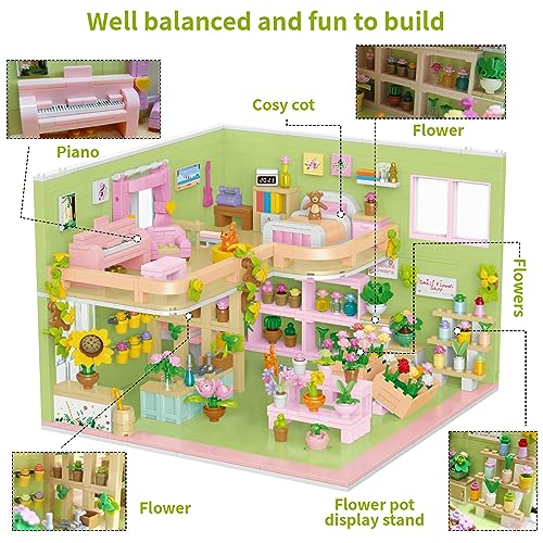 TUNJILOOL Juego de Construcción Bloques con Luces LED,1224 Piezas de Maquetas Creativas de Casas y Edificios con Bonitas Cajas de Regalo, Chicas Niños para Niños 6-12+ Años (Flower Shop)