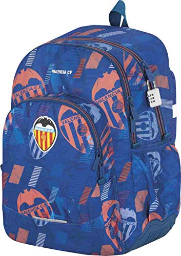 Valencia CF Mochila Mochila Doble Compartimento Adaptable a Carro para Mochilas Escolares, Bolsillo Frontal y Candado Numérico de Seguridad - Medidas 32 x 44 x 14 cm - Color Azul