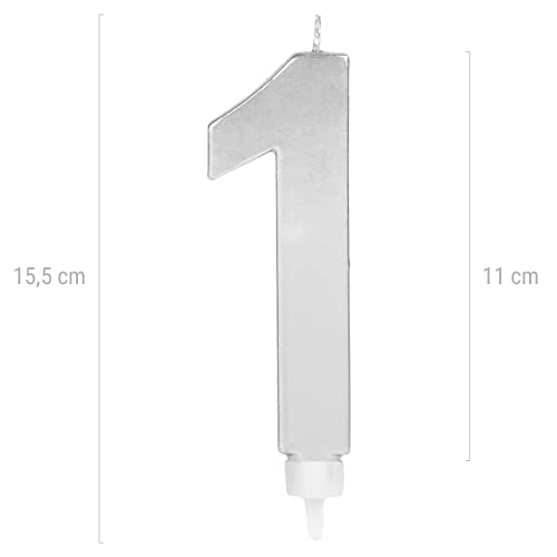 Velas grande 15,5 cm para tarta de cumpleaños número 1 color plata metalizado - ideal para fiestas de cumpleaños, aniversarios, baby shower, fiestas, celebraciones, bodas de oro o plata - 1 unidad