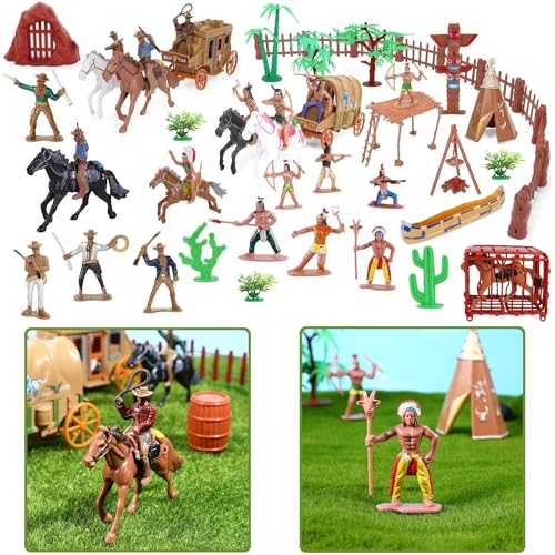 Wild West Cowboys and Indians - Juego de figuras de plástico, 77 juguetes educativos, cubo de indios nativos americanos, figuras de acción y accesorios para niños y niñas a partir de 3 años