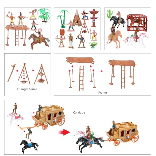 Wild West Cowboys and Indians - Juego de figuras de plástico, 77 juguetes educativos, cubo de indios nativos americanos, figuras de acción y accesorios para niños y niñas a partir de 3 años