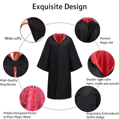 YIMOJOY Disfraz de Mago Potter Adulto con Bufanda,Gryffindor Carta de Admisión Hogwarts Hermione Granger Capa Disfraz de Mago Gryffindor Capa para Carnaval Halloween Cosplay(155CM)