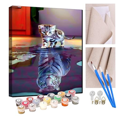 ZoiKom Pintar por Numeros DIY Cuadro al óleo con números para Kit de Pintura al óleo Digital para Adultos y niños de Lienzo decoración para el hogar gato reflejo tigre animal 40x50cm Sin Marco